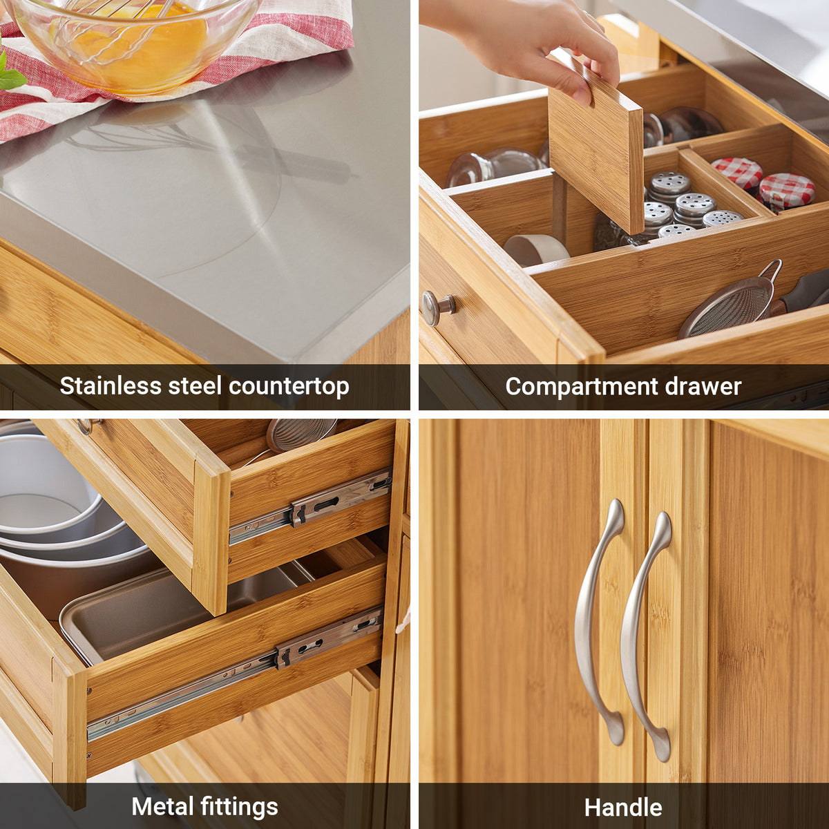 SoBuy FKW70-N, Kitchen Storage Trolley Kitchen Island Kitchen Cabinet Cupboard Sideboard with Stainless Steel Top, Wood