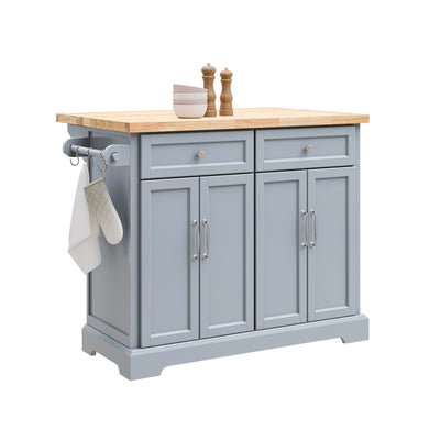 SoBuy FKW71-II-HG grey kitchen island on wheels with extendable rubber wood worktop 2 drawers 2 cabinets and towel rack 115x92cm
