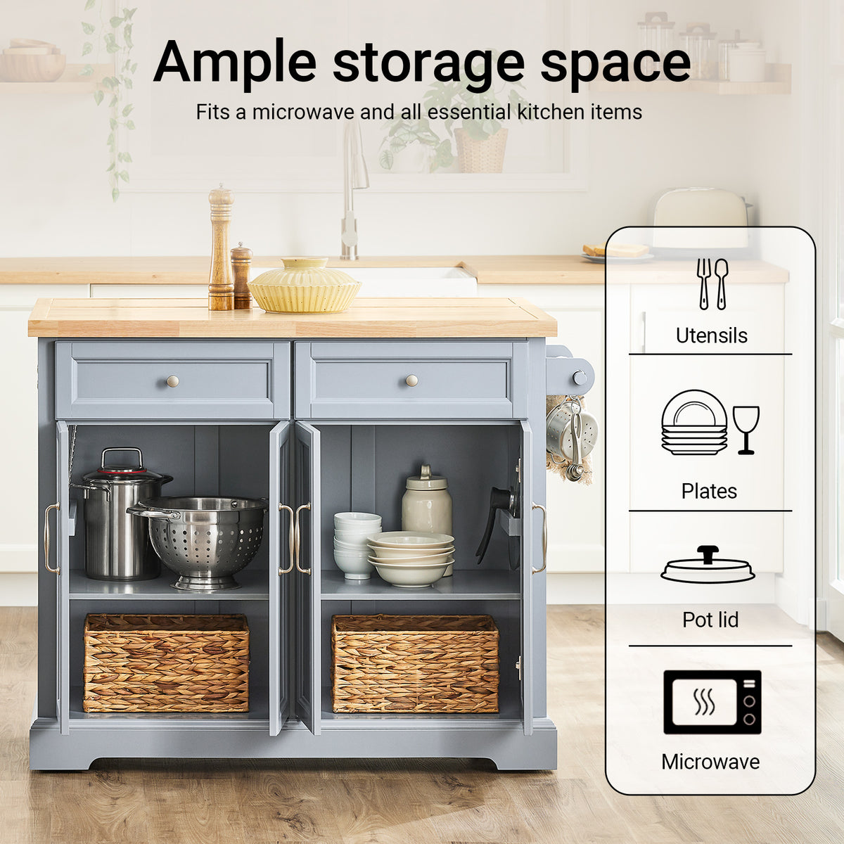 SoBuy FKW71-II-HG multifunctional grey kitchen island with 2 drawers 2 cabinets towel rack and extendable worktop 78kg