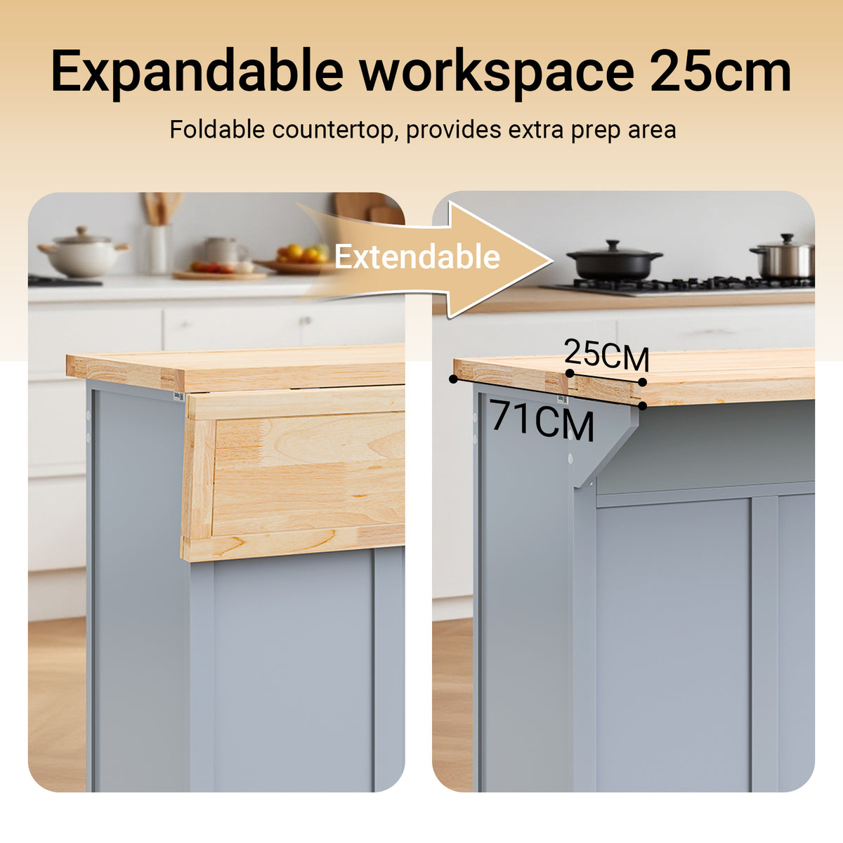 SoBuy FKW71-II-HG extendable rubber wood worktop expanding from 46cm to 71cm depth grey kitchen island