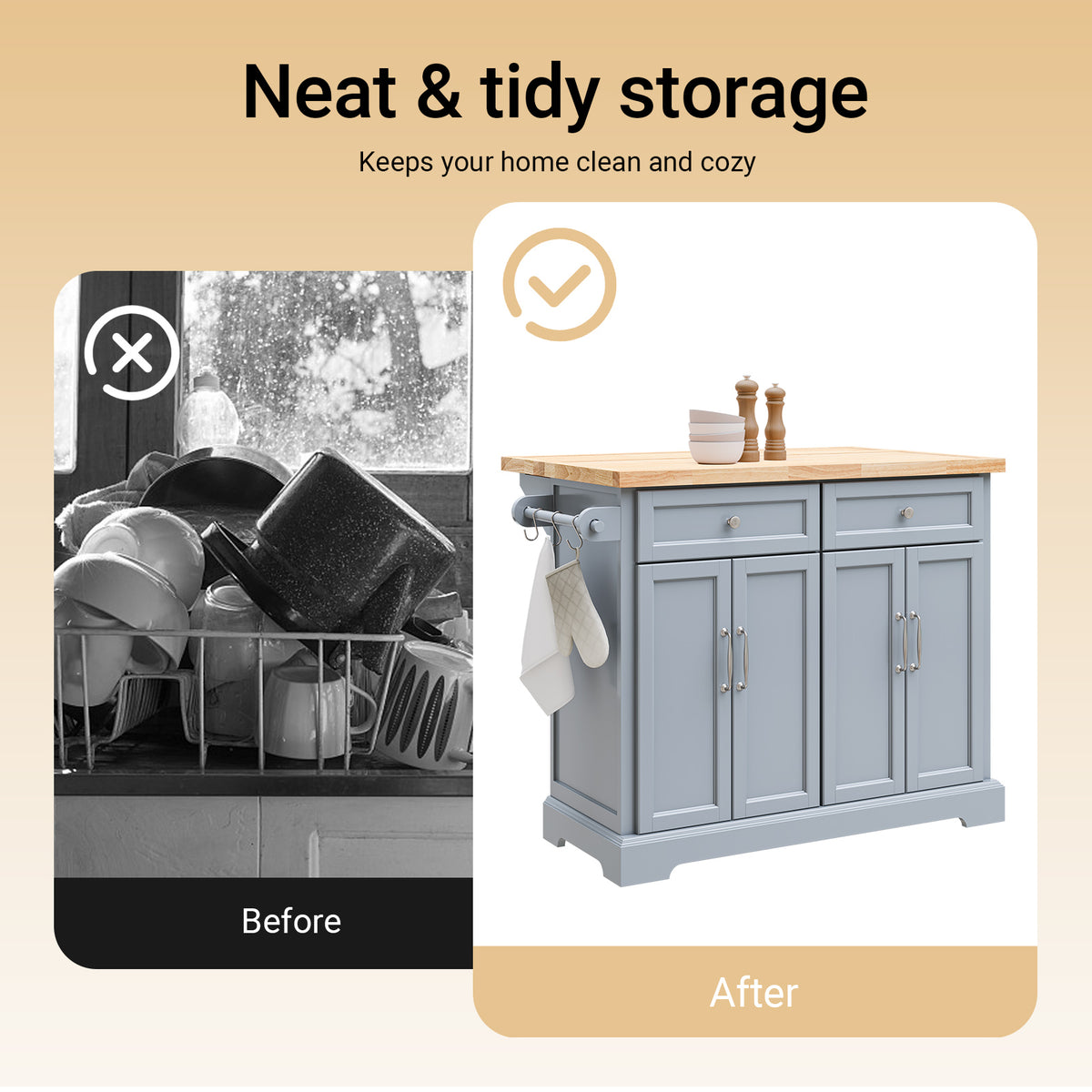 SoBuy FKW71-II-HG 2 spacious pull-out drawers with European-style long handles grey kitchen island
