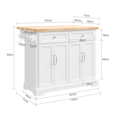 SoBuy FKW71-III-WN kitchen island dimensions W115 x D46-71 x H92cm extendable worktop rolling kitchen storage trolley white