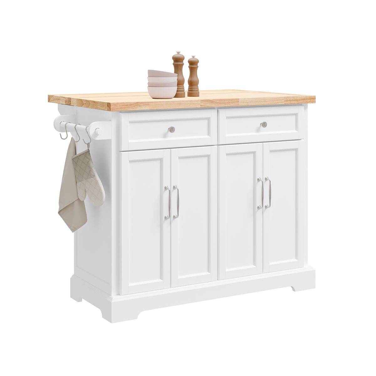 SoBuy FKW71-III-WN white kitchen island on wheels with extendable rubber wood worktop 2 drawers 2 cabinets and towel rack 115x92cm