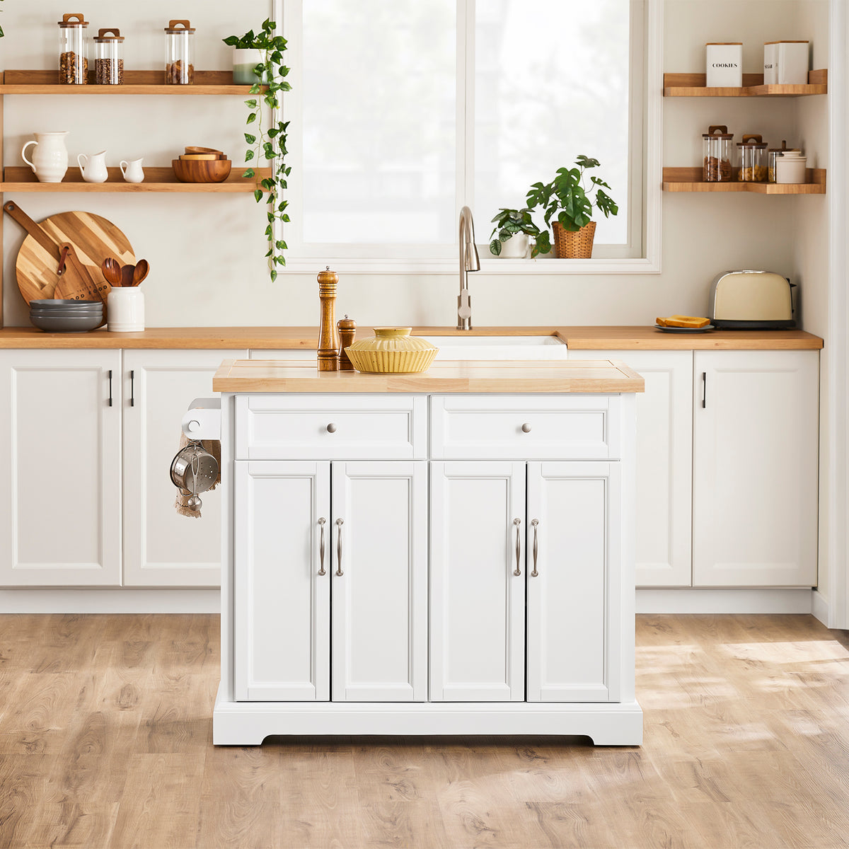 SoBuy FKW71-III-WN freestanding kitchen island in modern kitchen setting white and walnut finish with extended worktop