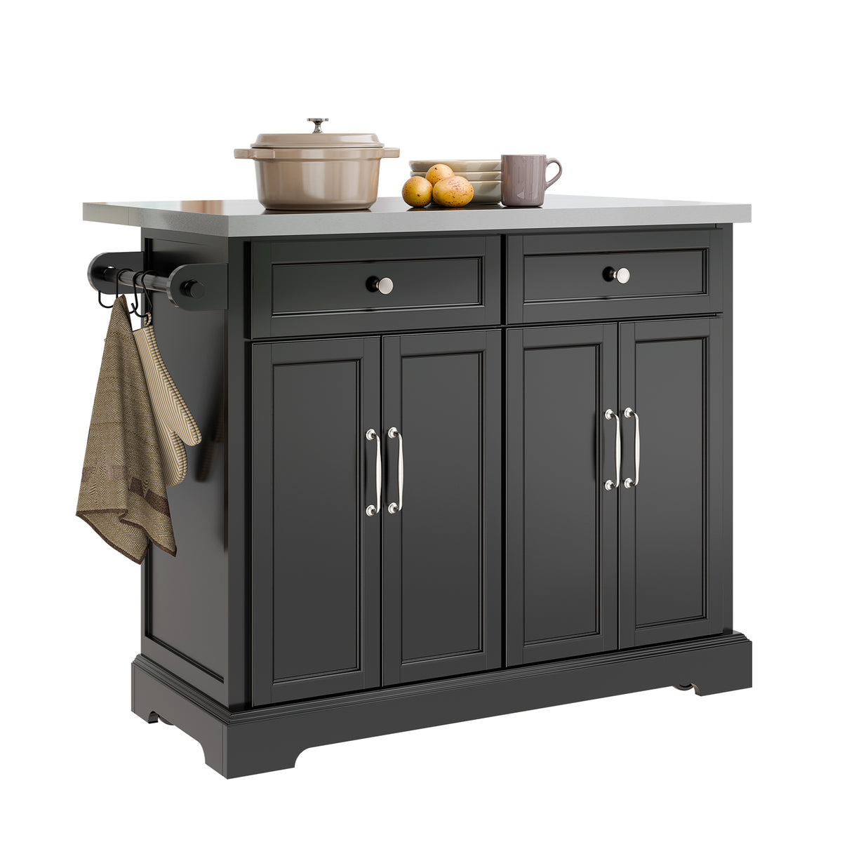 SoBuy FKW71-III-SCH black kitchen island on wheels with extendable stainless steel worktop 2 drawers 2 cabinets and towel rail 115x92cm