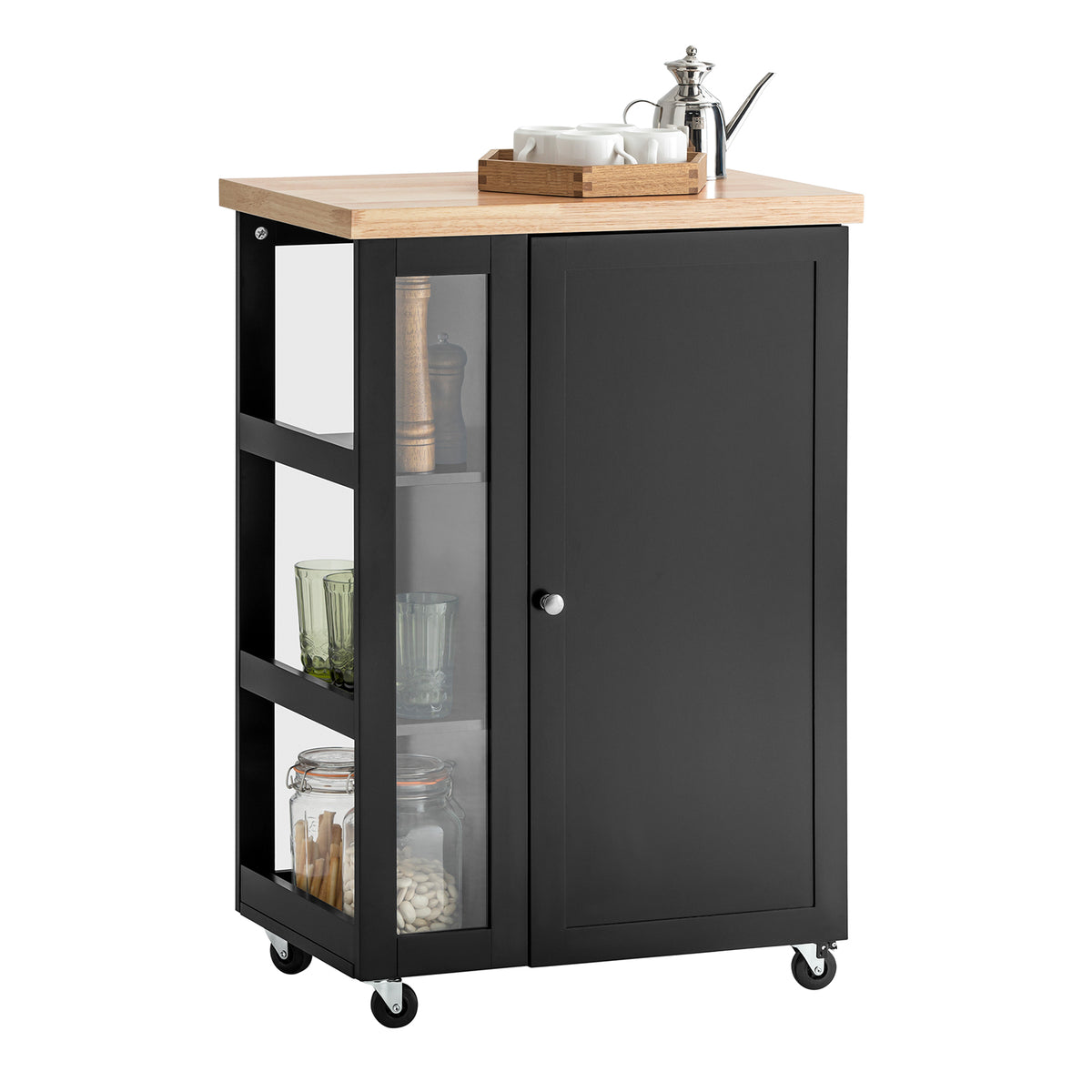 SoBuy FKW75-SCH black kitchen trolley on wheels with single-door cabinet 2 adjustable shelves and 3-tier tempered glass side rack 60x40x90cm