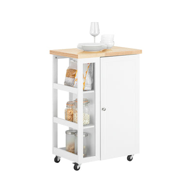 SoBuy FKW75-WN white kitchen trolley on wheels with rubber wood worktop single-door cabinet and 3-tier tempered glass side rack 60x40x90cm
