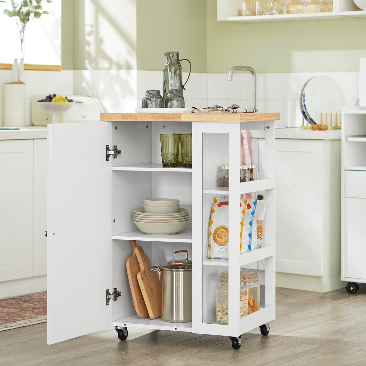 SoBuy FKW75-WN white kitchen trolley used as mobile coffee station with open side shelves and enclosed cabinet storage