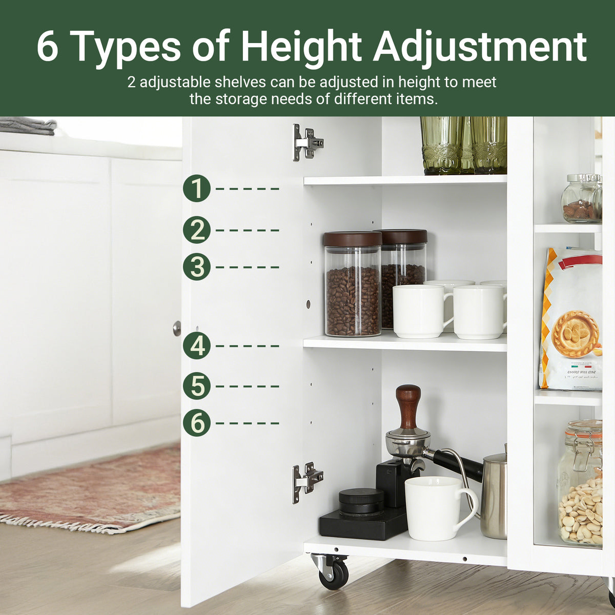 SoBuy FKW75-WN single-door cabinet with 2 internal adjustable shelves 3-height settings removable white kitchen trolley