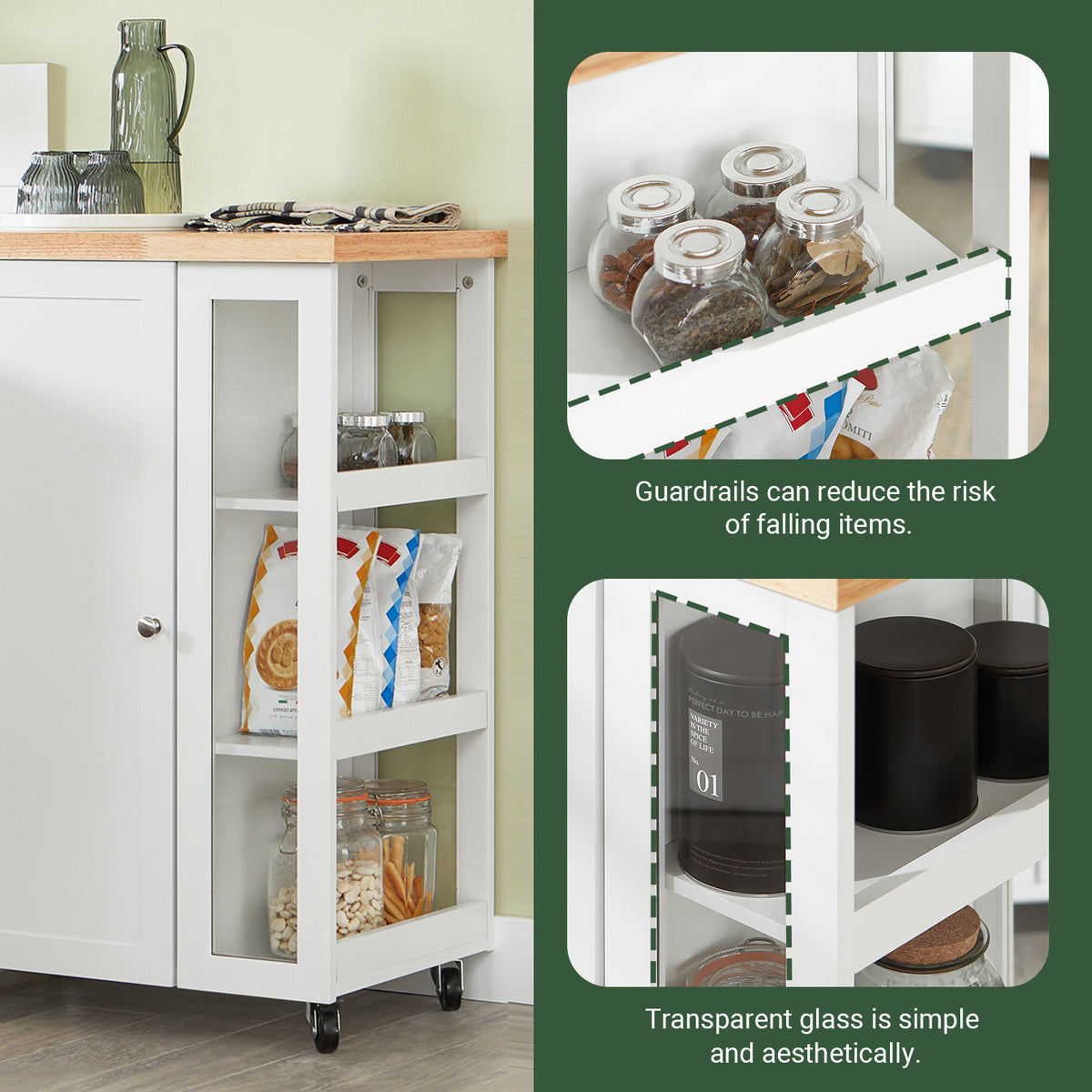 SoBuy FKW75-WN 3-tier side rack with MDF frame and tempered glass panels for spices jars and kitchen accessories white
