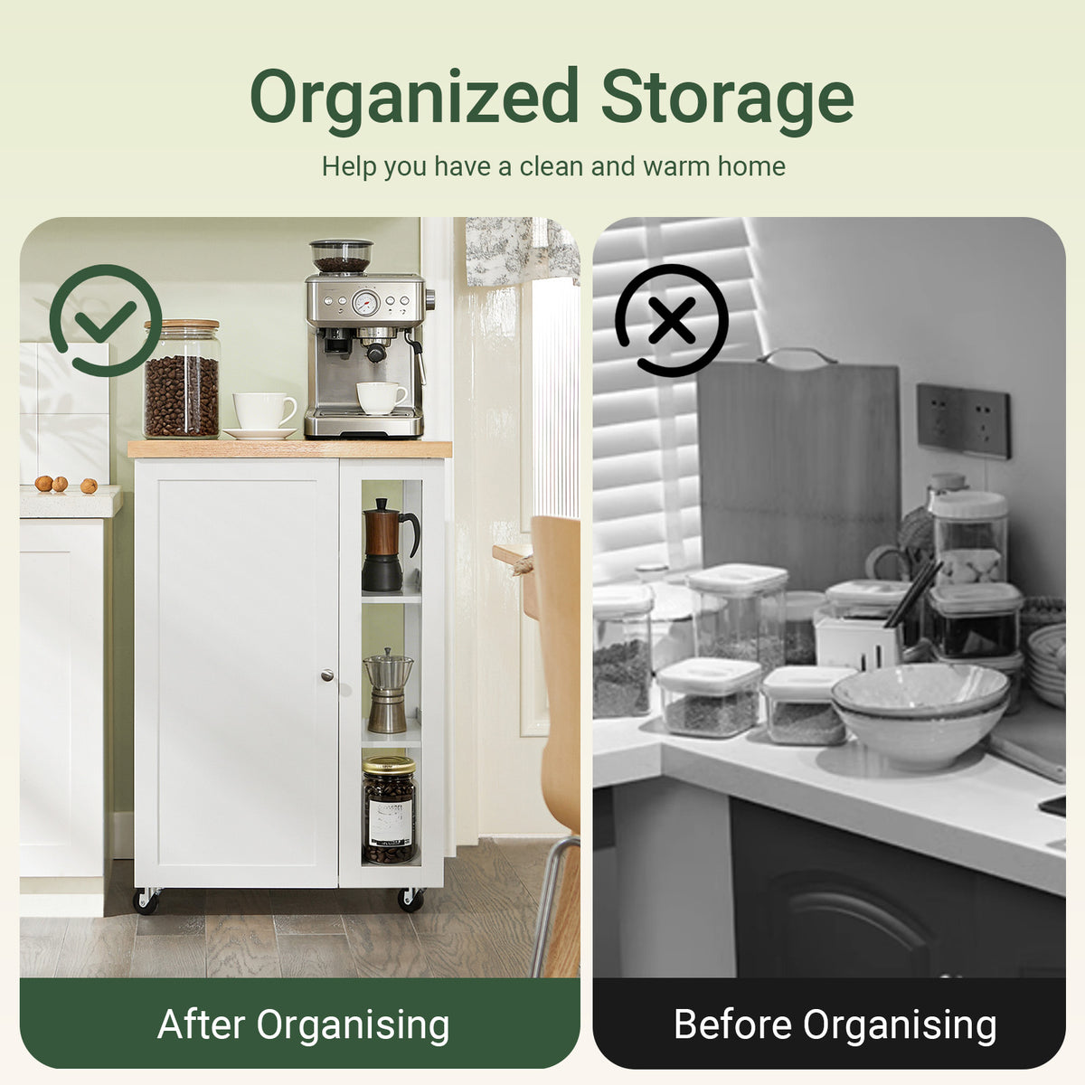 SoBuy FKW75-WN white kitchen trolley with enclosed single-door cabinet keeping worktop clear and clutter-free compact kitchen storage