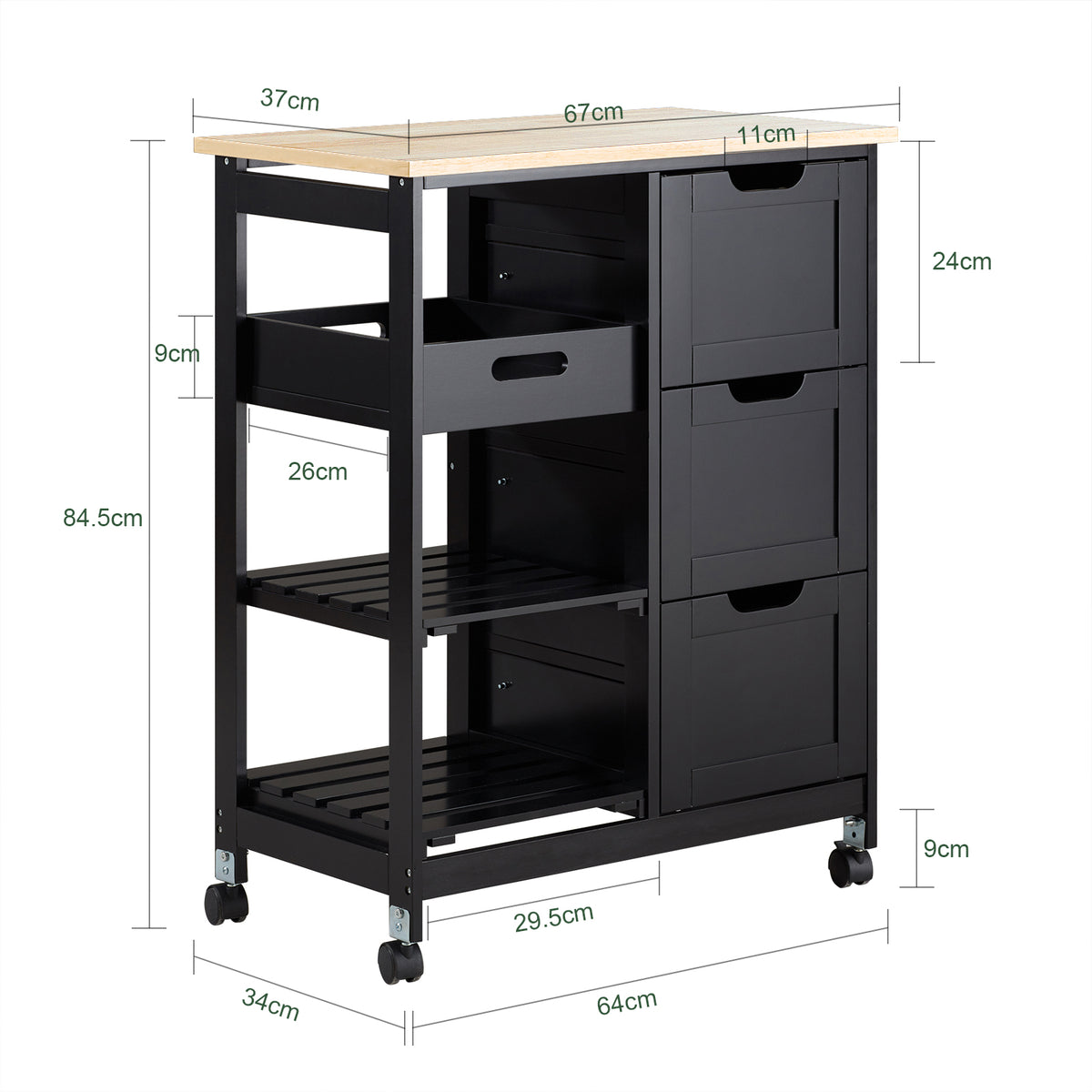 SoBuy FKW79-SCH, Kitchen Trolley Cart Storage Serving Trolley with 3 Drawers and Removable Tray, Black