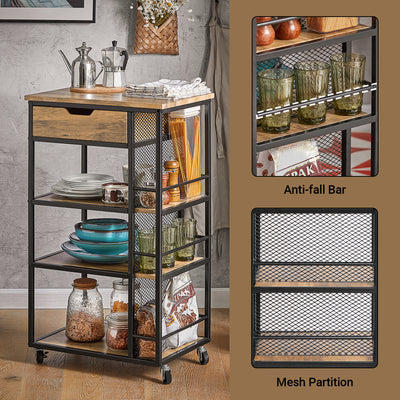 SoBuy FKW99-N 3-tier steel side rack detail – durable powder-coated frame on black industrial rolling kitchen trolley