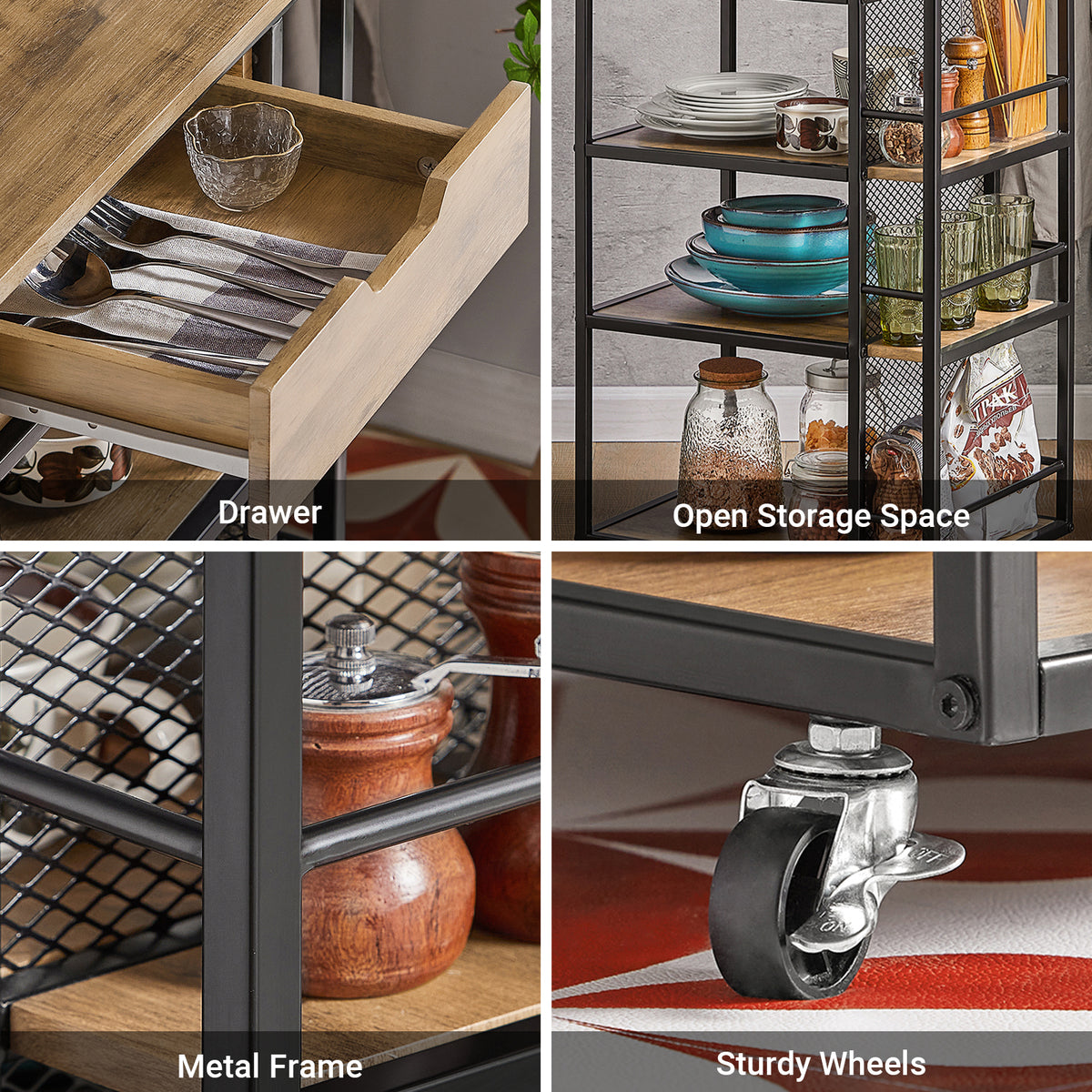 SoBuy FKW99-N 3-tier open shelves detail – generous storage on black industrial vintage kitchen trolley on wheels