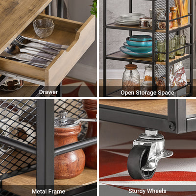 SoBuy FKW99-N 3-tier open shelves detail – generous storage on black industrial vintage kitchen trolley on wheels