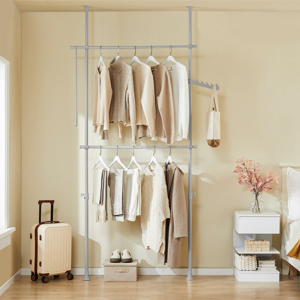 SoBuy FRG109-II-HG, Telescopic Clothes Rail, Heavy Duty Clothes Rack, Adjustable Open Wardrobe with Hanging Rails for Bedroom, Walk-in Closet Grey