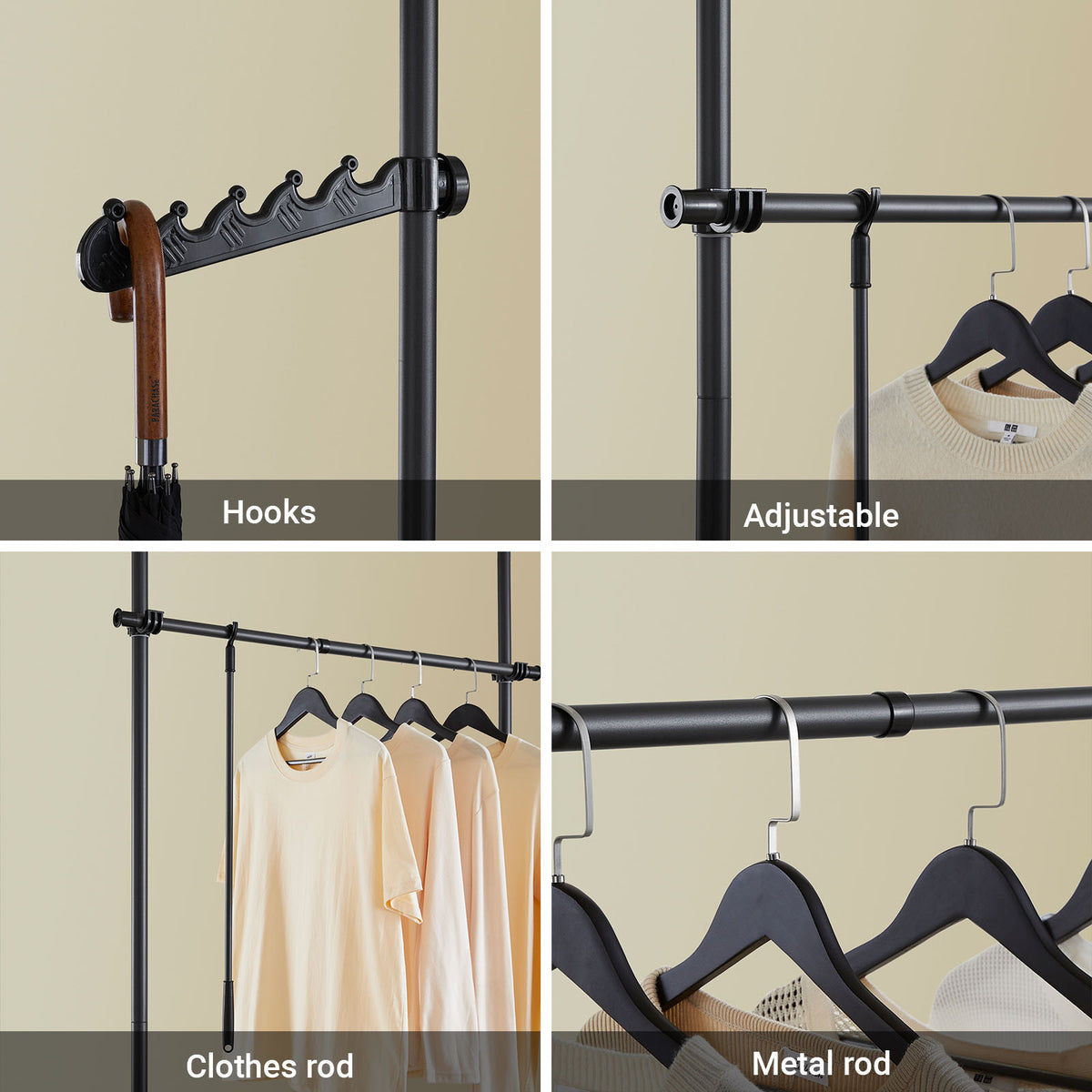 SoBuy FRG109-II-SCH, Telescopic Clothes Rail, Heavy Duty Clothes Rack, Adjustable Open Wardrobe with Hanging Rails for Bedroom, Walk-in Closet Black B(75–126) × H(200–295) cm