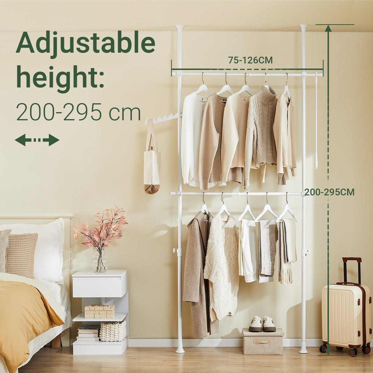 SoBuy FRG109-II-W, Telescopic Clothes Rail, Heavy Duty Clothes Rack, Adjustable Open Wardrobe with Hanging Rails for Bedroom, Walk-in Closet White
