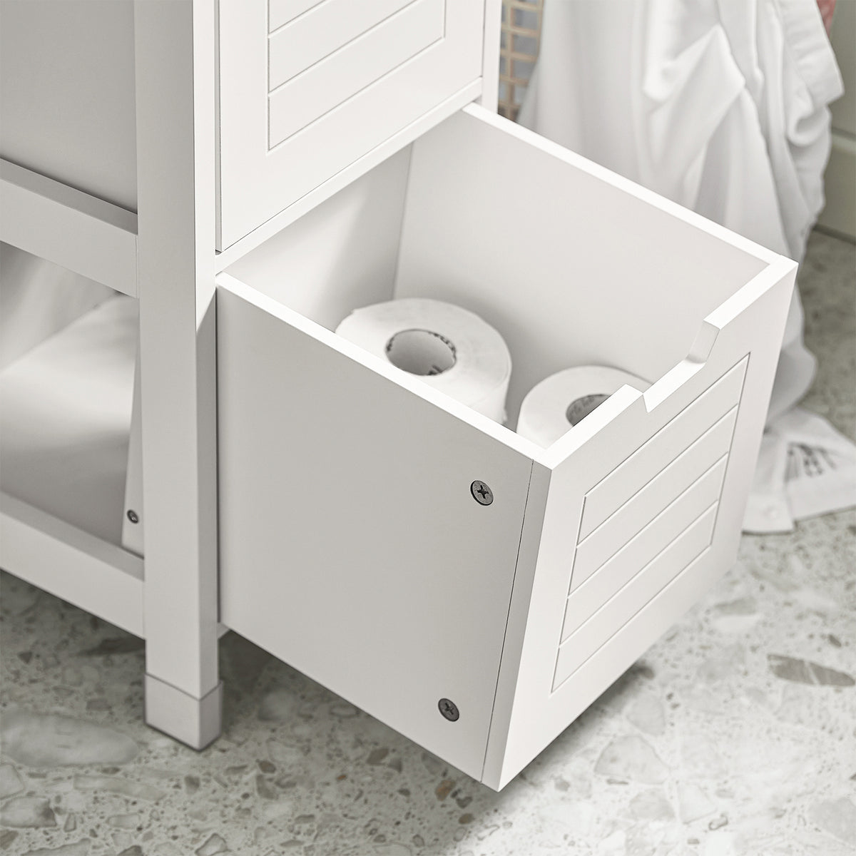 SoBuy FRG126-W, Bathroom Storage Cabinet Slim Tall 3-Tier Shelves with 2 Drawers White MDF Cupboard Freestanding Narrow Bathroom Cabinet for Toilet Sink Kitchen Corner 30x30x144cm