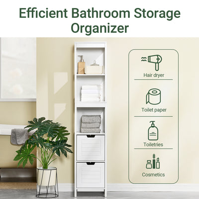 SoBuy FRG126-W, Bathroom Storage Cabinet Slim Tall 3-Tier Shelves with 2 Drawers White MDF Cupboard Freestanding Narrow Bathroom Cabinet for Toilet Sink Kitchen Corner 30x30x144cm