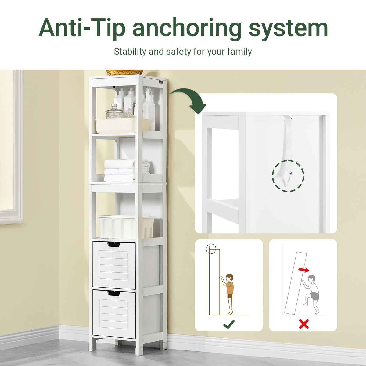 SoBuy FRG126-W, Bathroom Storage Cabinet Slim Tall 3-Tier Shelves with 2 Drawers White MDF Cupboard Freestanding Narrow Bathroom Cabinet for Toilet Sink Kitchen Corner 30x30x144cm