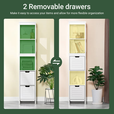 SoBuy FRG126-W, Bathroom Storage Cabinet Slim Tall 3-Tier Shelves with 2 Drawers White MDF Cupboard Freestanding Narrow Bathroom Cabinet for Toilet Sink Kitchen Corner 30x30x144cm