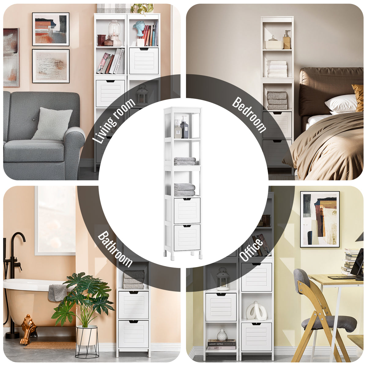 SoBuy FRG126-W, Bathroom Storage Cabinet Slim Tall 3-Tier Shelves with 2 Drawers White MDF Cupboard Freestanding Narrow Bathroom Cabinet for Toilet Sink Kitchen Corner 30x30x144cm