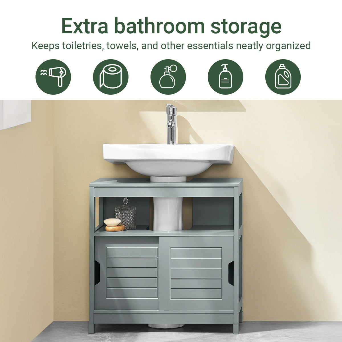 SoBuy FRG128-II-SG, Under Sink Bathroom Cabinet with Sliding Doors, Slim Bathroom Storage Unit for Small Spaces, Toilet Sink Cupboard Organizer, Floor Cabinet for Bathroom Basin, Grey, 60x30x61cm
