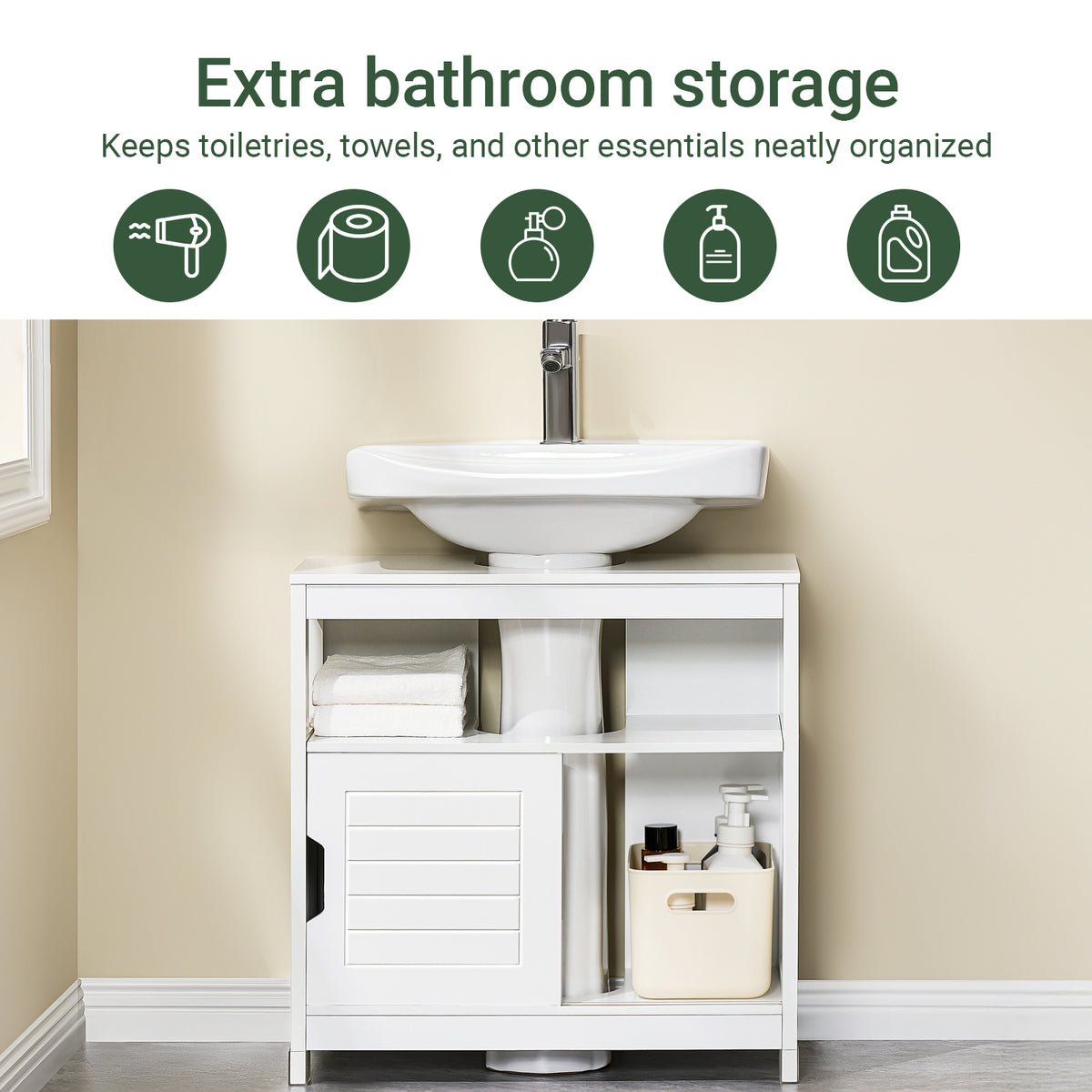 SoBuy FRG128-II-W, Under Sink Bathroom Cabinet with Sliding Doors, Slim Bathroom Storage Unit for Small Spaces, Toilet Sink Cupboard Organizer, Floor Cabinet for Bathroom Basin, White, 60x30x61cm
