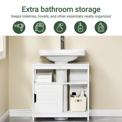 SoBuy FRG128-II-W, Under Sink Bathroom Cabinet with Sliding Doors, Slim Bathroom Storage Unit for Small Spaces, Toilet Sink Cupboard Organizer, Floor Cabinet for Bathroom Basin, White, 60x30x61cm