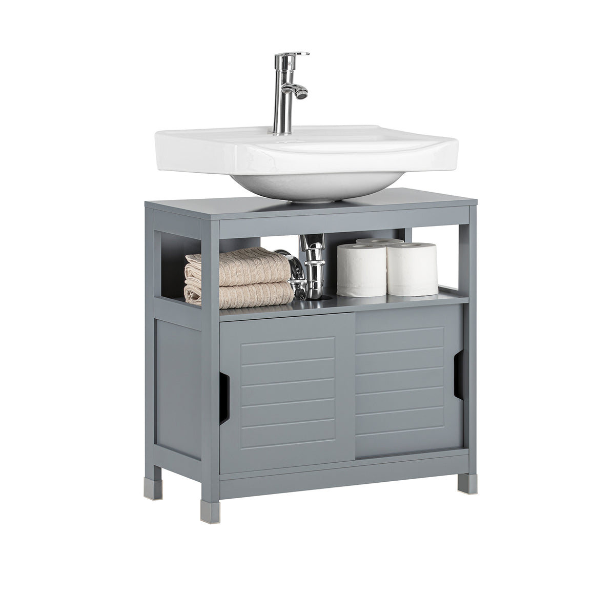 SoBuy FRG128-SG, Under Sink Bathroom Storage Cabinet with Shelf and Sliding Doors, Grey