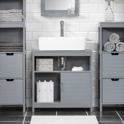 SoBuy FRG128-SG, Under Sink Bathroom Storage Cabinet with Shelf and Sliding Doors, Grey