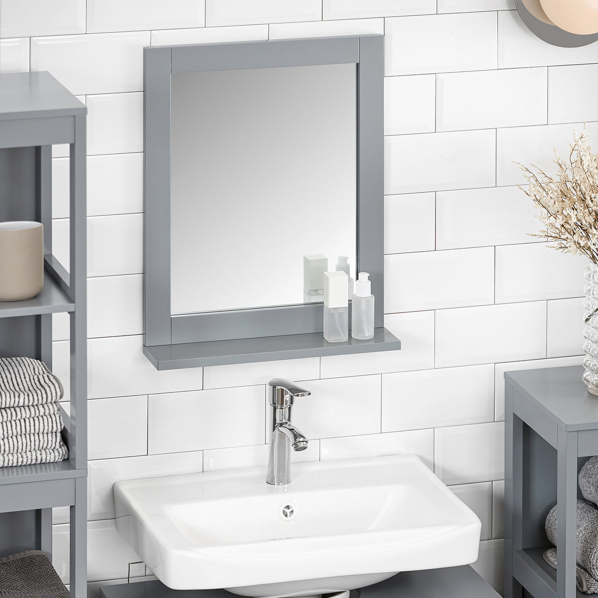 SoBuy FRG129-SG, Wall Mounted Bathroom Mirror with Storage Shelf, Grey