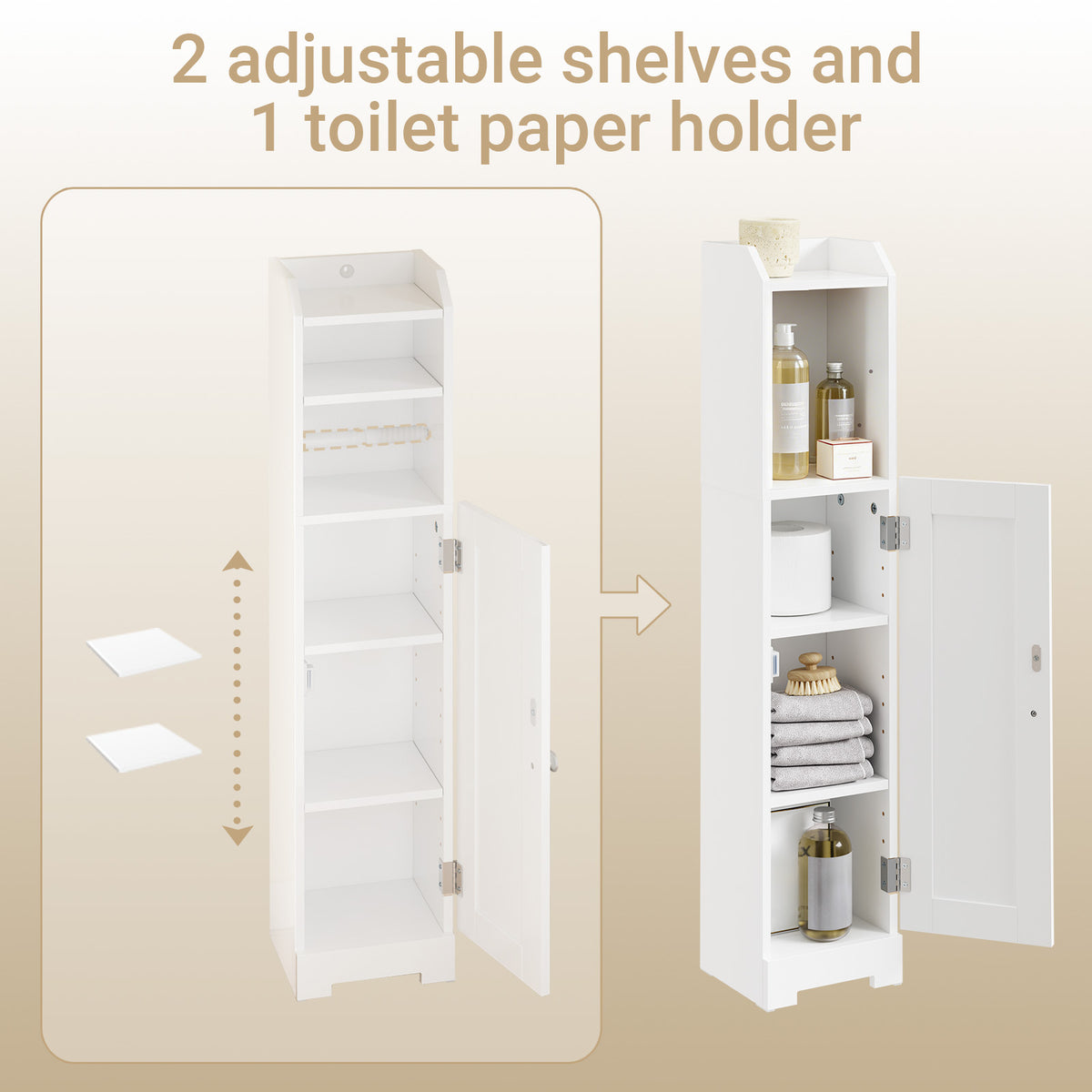SoBuy FRG177-II-W, Slim Bathroom Storage Cabinet Narrow Toilet Cabinet with Door, Adjustable Shelf & Toilet Roll Holder Freestanding Bathroom Storage Unit for Small Spaces White