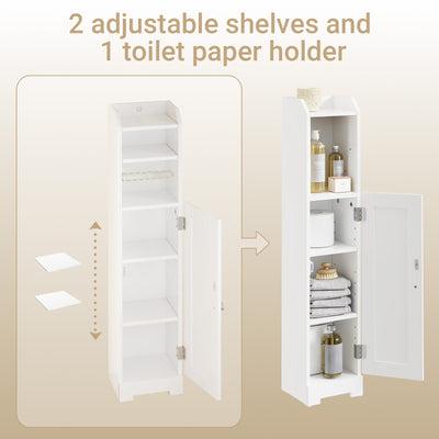 SoBuy FRG177-II-W, Slim Bathroom Storage Cabinet Narrow Toilet Cabinet with Door, Adjustable Shelf & Toilet Roll Holder Freestanding Bathroom Storage Unit for Small Spaces White