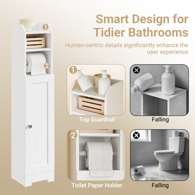 SoBuy FRG177-II-W, Slim Bathroom Storage Cabinet Narrow Toilet Cabinet with Door, Adjustable Shelf & Toilet Roll Holder Freestanding Bathroom Storage Unit for Small Spaces White