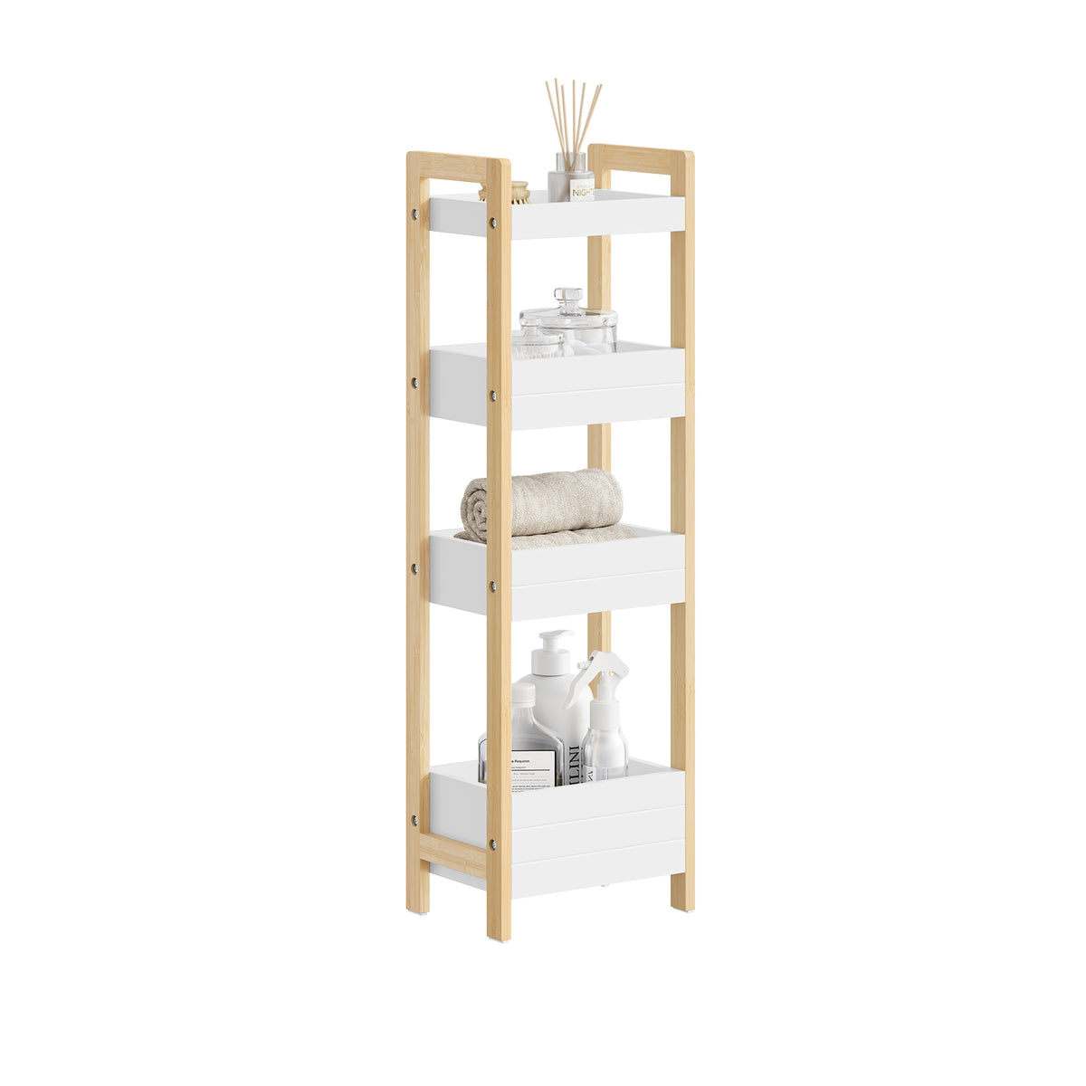 SoBuy FRG226-H-WN, Slim Bathroom Shelves Freestanding, Narrow Tall Bathroom Organiser with 4 Shelves, Wooden Storage Cupboard for Kitchen, W28 x D20x H90 cm, Natural & White