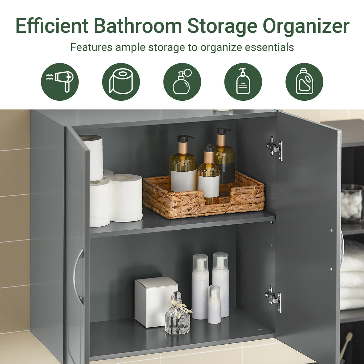 SoBuy FRG231-DG bathroom wall cabinet dark grey – lifestyle scene 1, wall mounted storage unit with doors