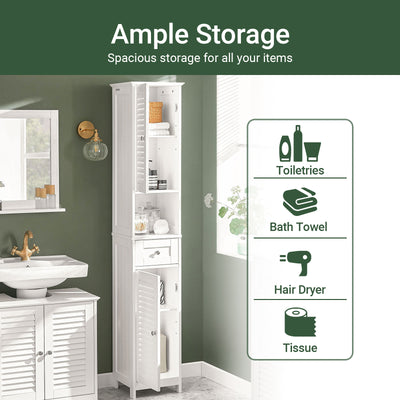 SoBuy FRG236-W, Tall Bathroom Storage Cabinet Freestanding Bathroom Unit with 2 Doors, Drawer and Open Shelf Narrow Bathroom Furniture for Toilet Laundry or Hallway White W32 x D30 x H170cm