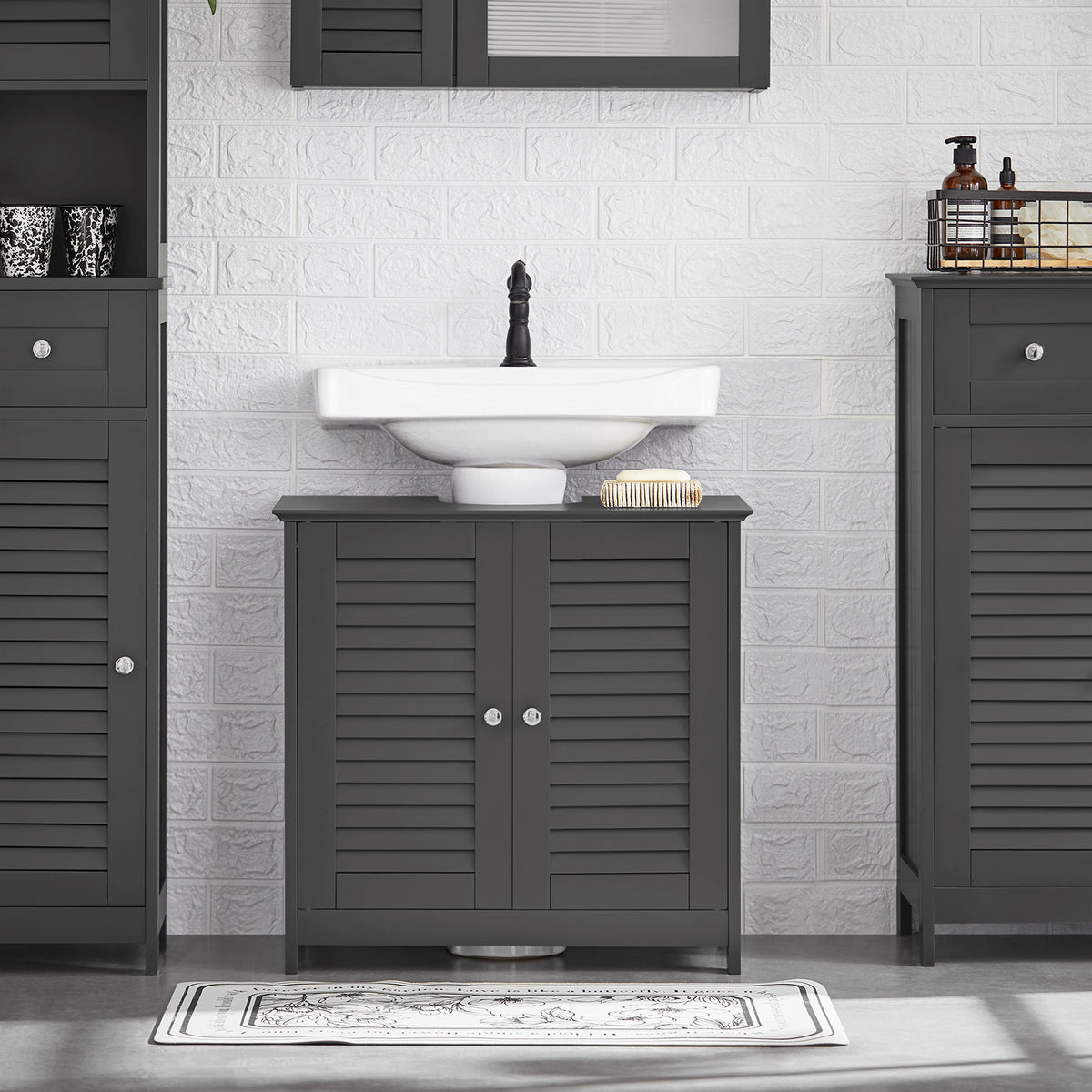 SoBuy FRG237-II-DG, Under Sink Bathroom Cabinet with Adjustable Shelves, MDF Bathroom Storage Unit for Under Sink Storage, Anti-Mold Louvered Door, suitable for Pedestal Sinks, Dark Grey