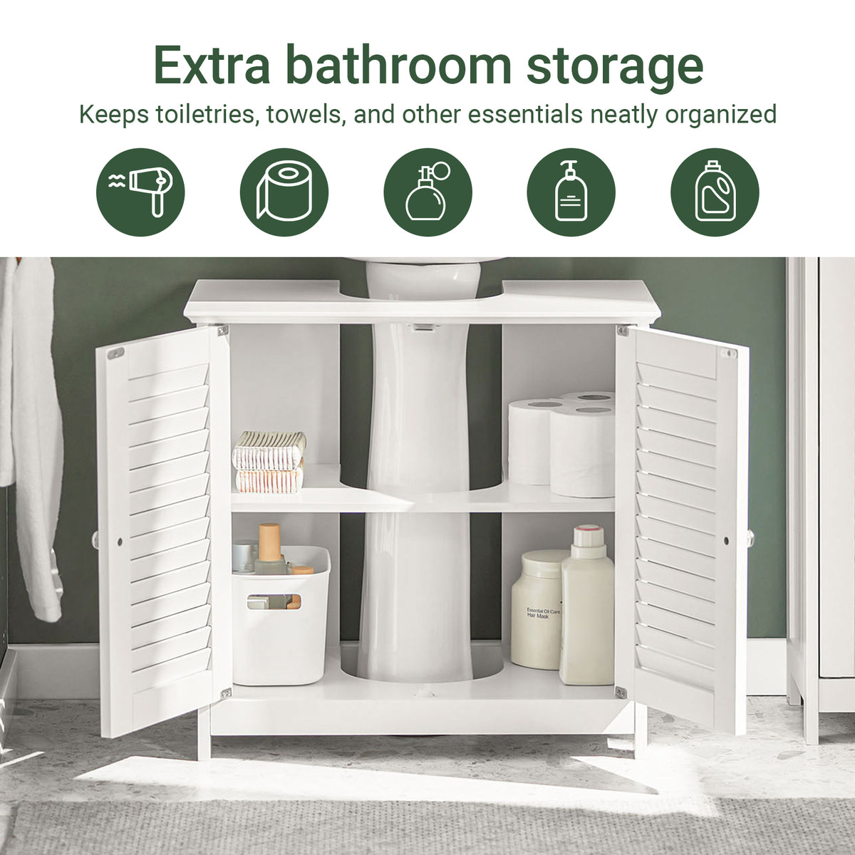 SoBuy FRG237-II-W, Under Sink Bathroom Cabinet with Adjustable Shelves, MDF Bathroom Storage Unit for Under Sink Storage, Anti-Mold Louvered Door, suitable for Pedestal Sinks, White, 60x58x35cm