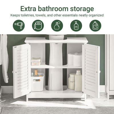 SoBuy FRG237-II-W, Under Sink Bathroom Cabinet with Adjustable Shelves, MDF Bathroom Storage Unit for Under Sink Storage, Anti-Mold Louvered Door, suitable for Pedestal Sinks, White, 60x58x35cm