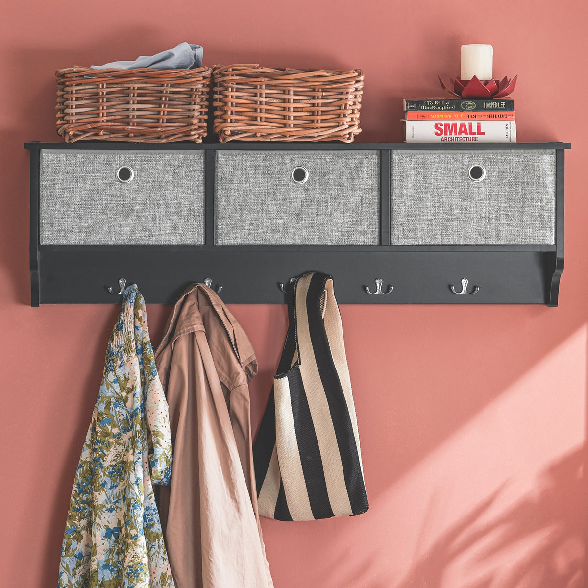 SoBuy FRG282-SCH, Wall Coat Rack Wall Shelf Wall Storage Cabinet Unit, Black