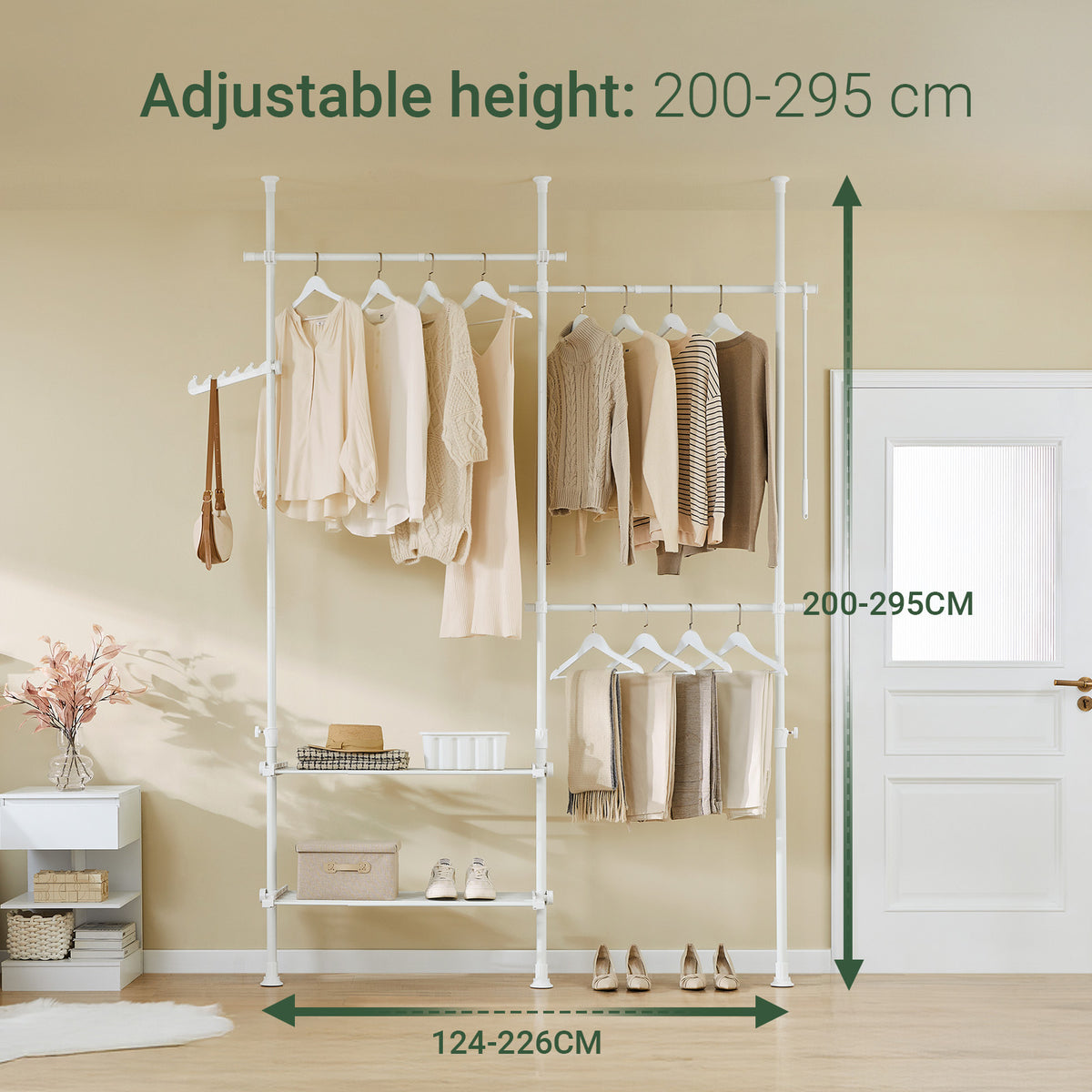 SoBuy FRG34-II-W, Telescopic Clothes Rail, Heavy Duty Clothes Rack, Adjustable Open Wardrobe with Hanging Rails & Shelves for Bedroom, Walk-in Closet White