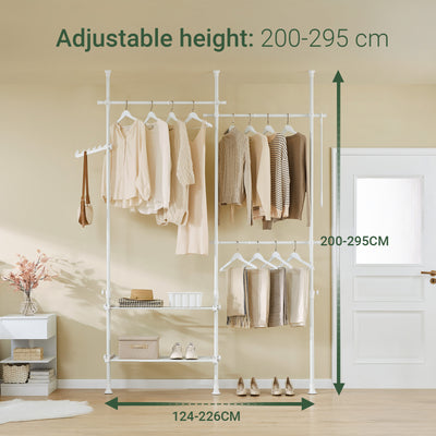 SoBuy FRG34-II-W, Telescopic Clothes Rail, Heavy Duty Clothes Rack, Adjustable Open Wardrobe with Hanging Rails & Shelves for Bedroom, Walk-in Closet White