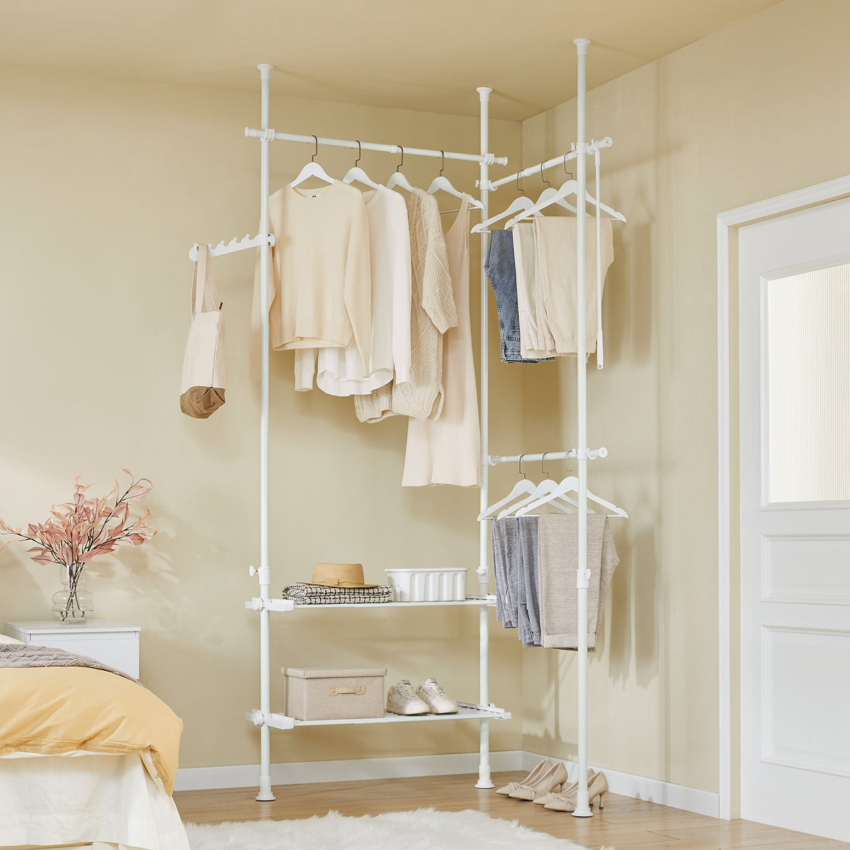 SoBuy FRG34-II-W, Telescopic Clothes Rail, Heavy Duty Clothes Rack, Adjustable Open Wardrobe with Hanging Rails & Shelves for Bedroom, Walk-in Closet White