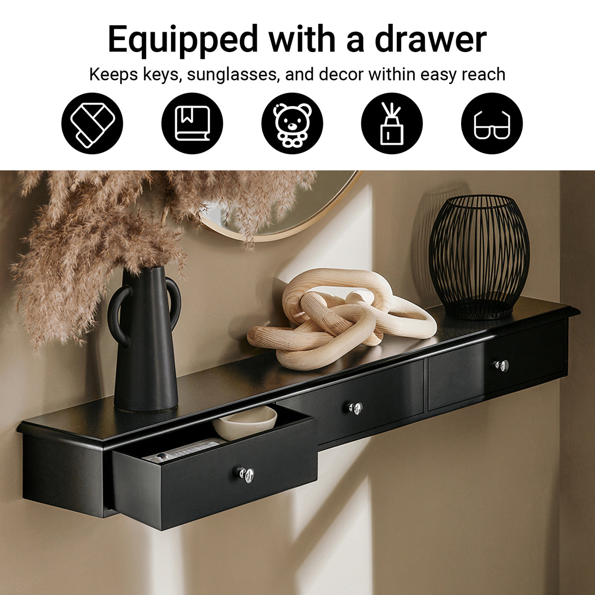 SoBuy FRG43-L-SCH black wall shelf with 3 drawers anti-pull-out stopper feature