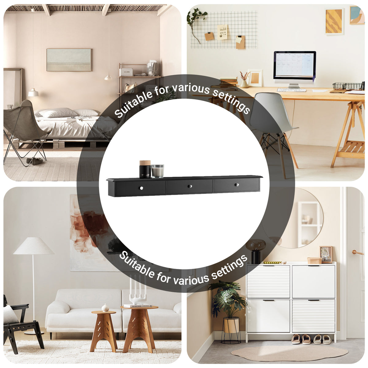 SoBuy FRG43-L-SCH black floating shelf with modern handles and rounded edges