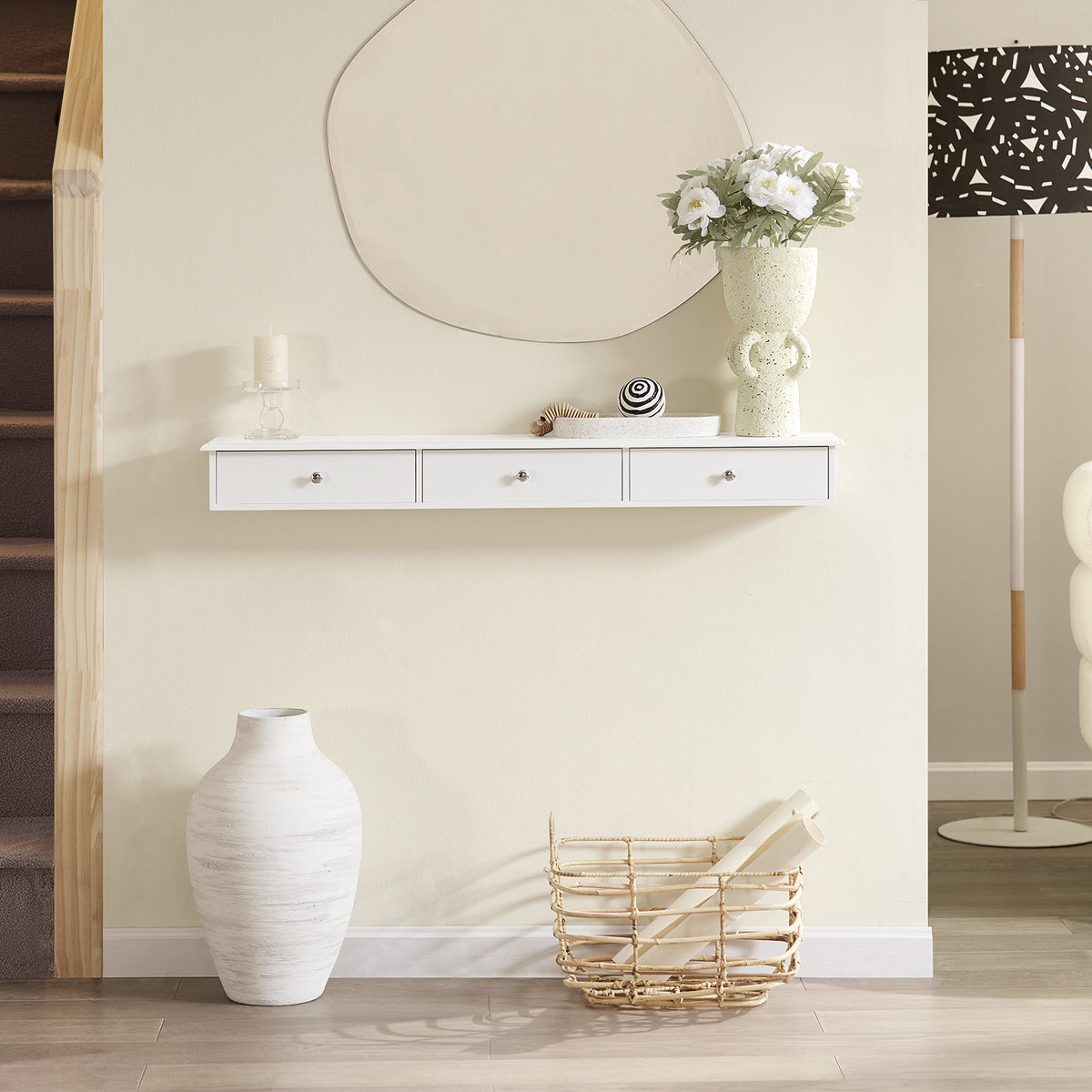 SoBuy FRG43-L-W, Floating Shelf Wall Drawers, Wall Storage Display Unit with 3 Drawers, White