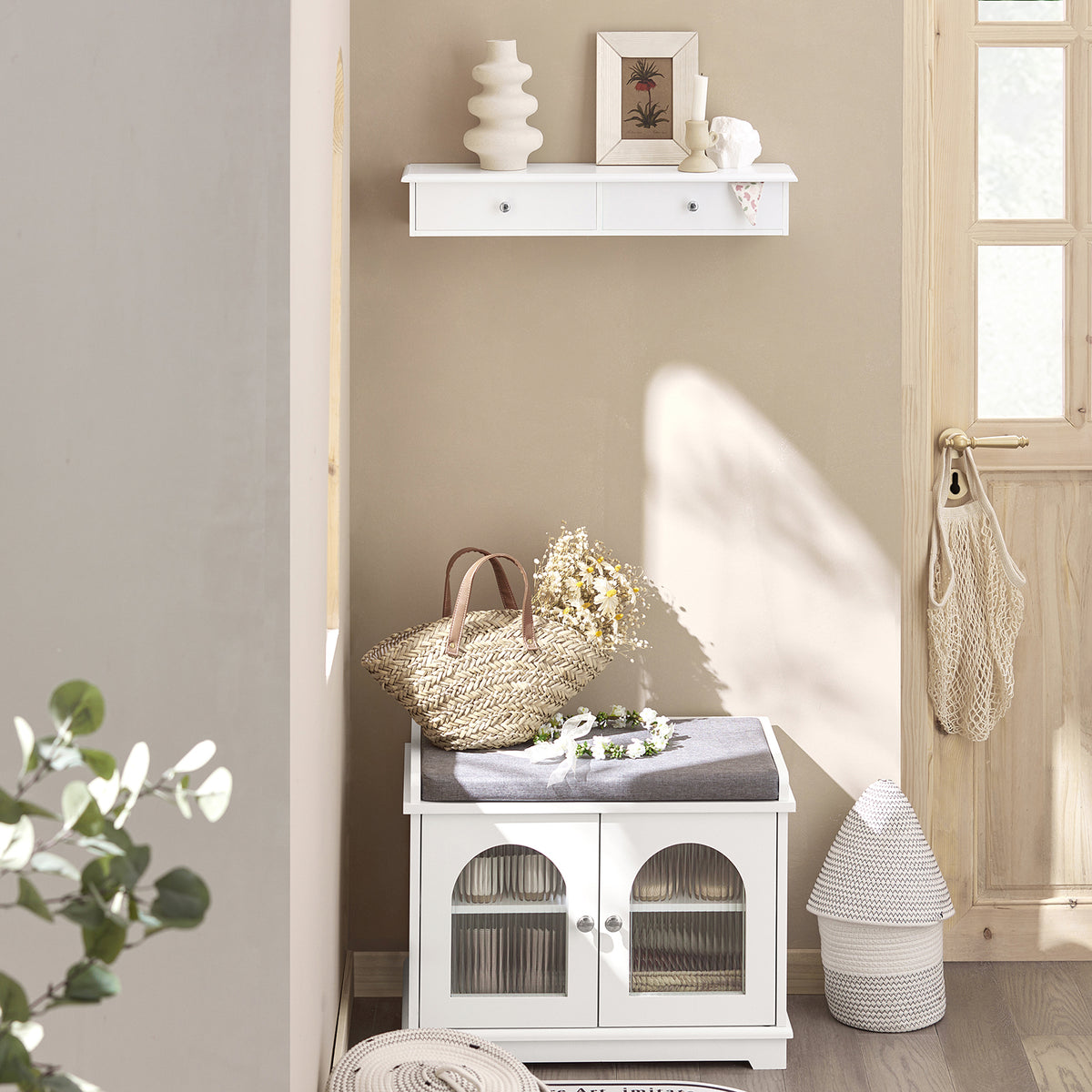 SoBuy FRG43-W, Floating Shelf with 2 Drawers - Modern Wall Mounted Shelf for Bedroom, Hallway & Living Room, White W64 x D15 x H10cm